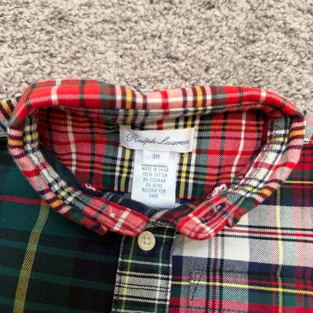 Excellent Ralph Lauren Plaid Colorblock One Piece 100% Cotton Baby Boy 3 Months
